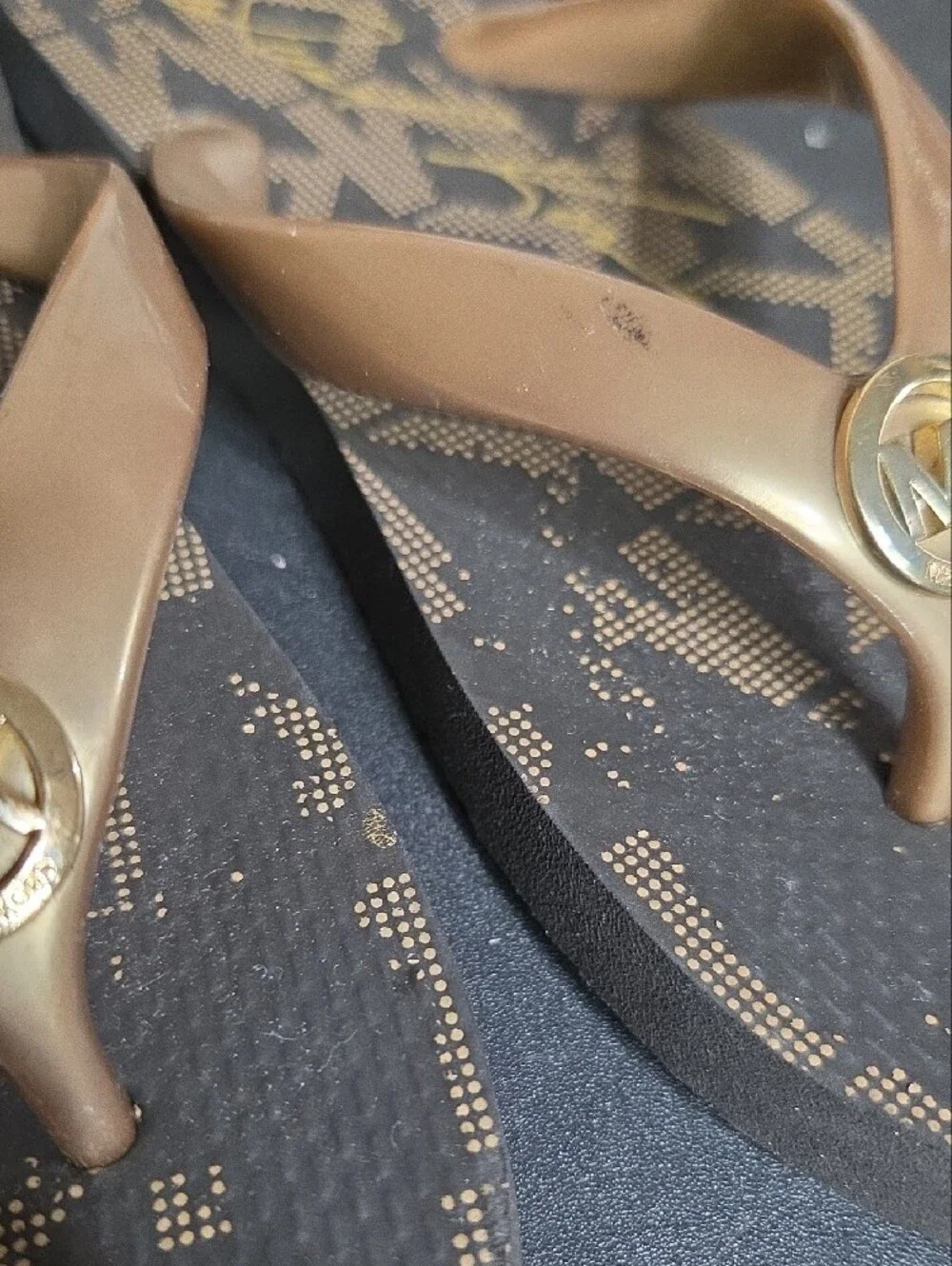 Michael Kors Brown Flip Flop Sandals with Gold MK Medallion